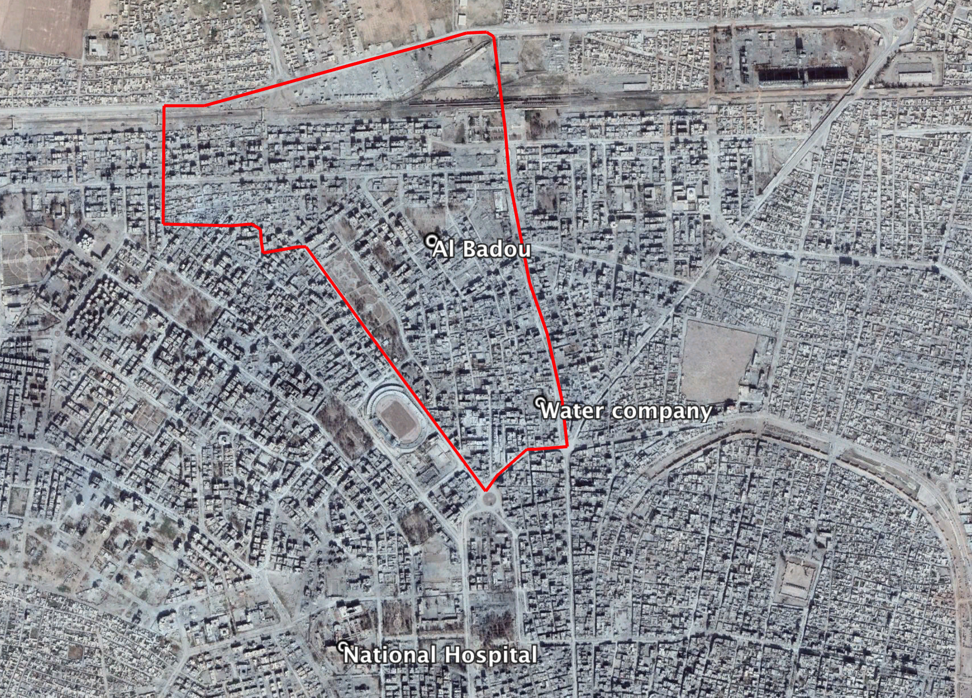 The water company (مؤسسة المیاه) in the Al Badou neighbourhood (البدو) and the National Hospital in the city of Raqqa