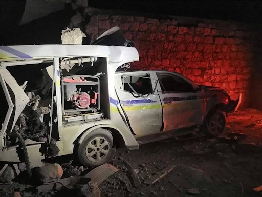Damage to a vehicle used by SCD as a result of the Russian warplanes targeting their center in Tal Menas, Idlib, Syria on January 25th, 2020 (via @SyrianCoalition)