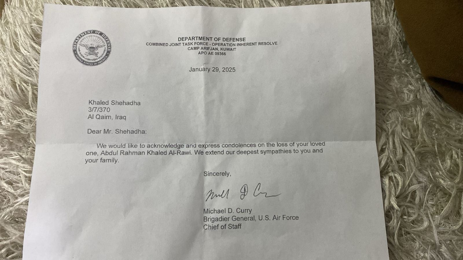 The letter of condolence sent to Abdul-Rahman's family. Provided to Airwars by the family