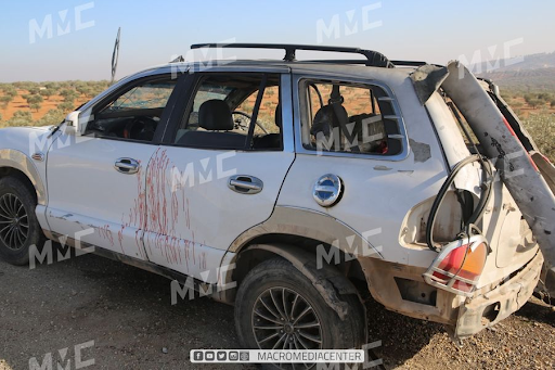 Blood of the victims on the car struck with a drone attack on the Ariha Al-Mastouma road on December 3, 2021. (Image posted by Macro Media Center)