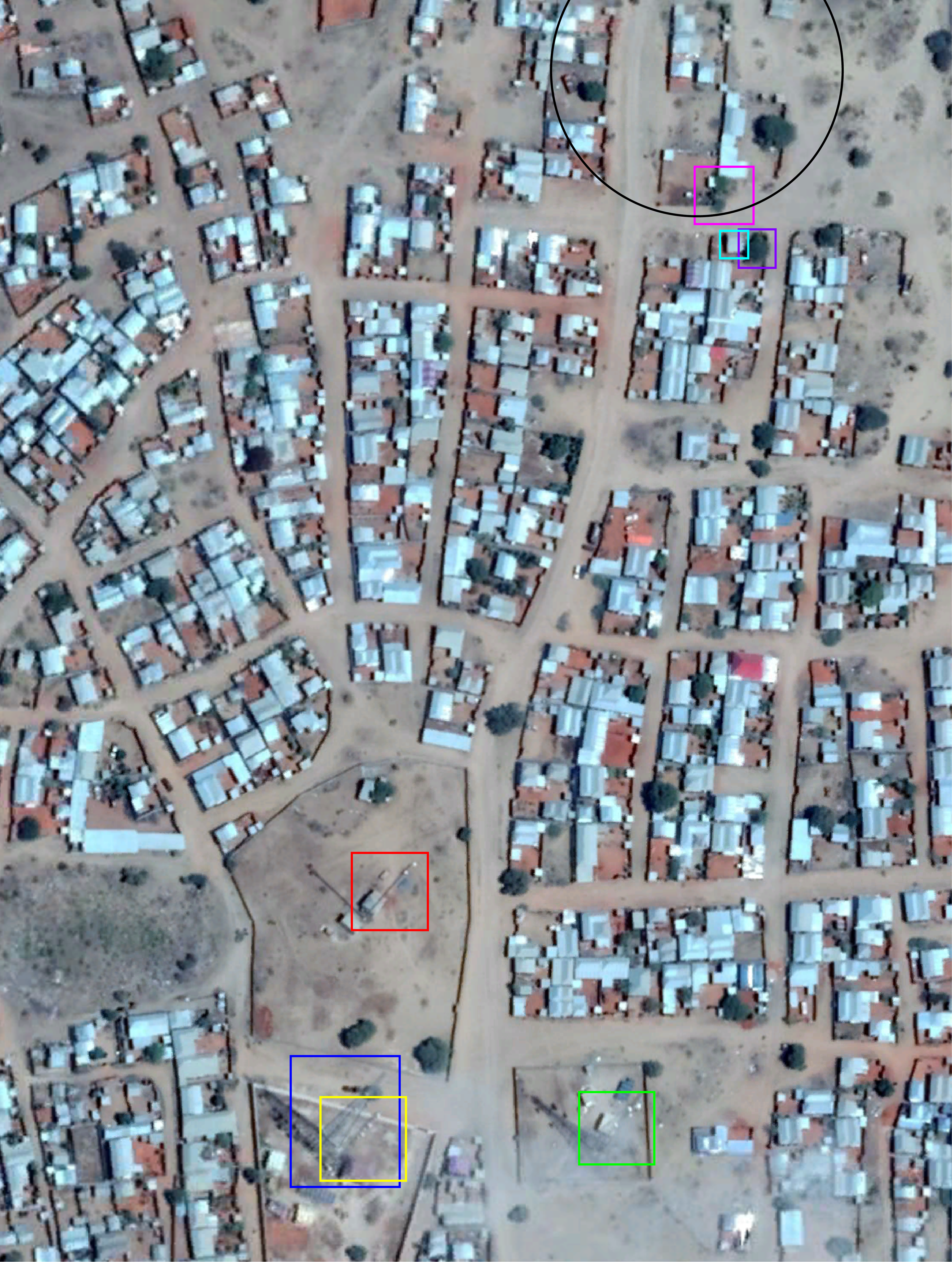 Location of these landmarks in a satellite image of Kunya Barrow, indicating the likely location of the strike impact in black