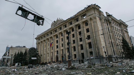 Damage caused by the attack on the Kharkiv Regional State Administration on March 1, 2022. (Image posted by Suspilne Kharkiv via Telegram)