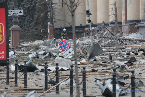 Aftermath of alleged Russian shelling of Kharkiv administration building on March 1, 2022. (Image Ukrinform