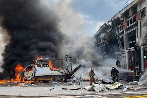 Damage to an enterprise caused by alleged Russian shelling of Korotych on April 22, 2022. (Image posted by Slk.kh)