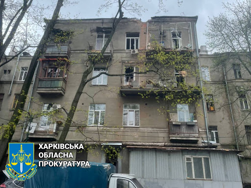 Damage caused by alleged Russian shelling of Kharkiv on April 17, 2022. (Image posted by Kharkiv Human Rights Protection Group)