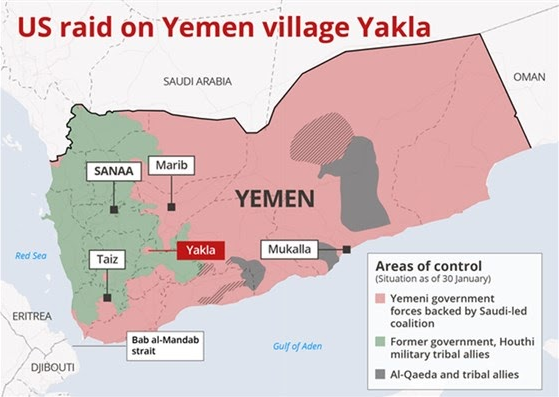 A map of Yemen, produced by NBC News, showing the location of Yakla, where the January 29th raid took place (NBC, October 1st 2017)