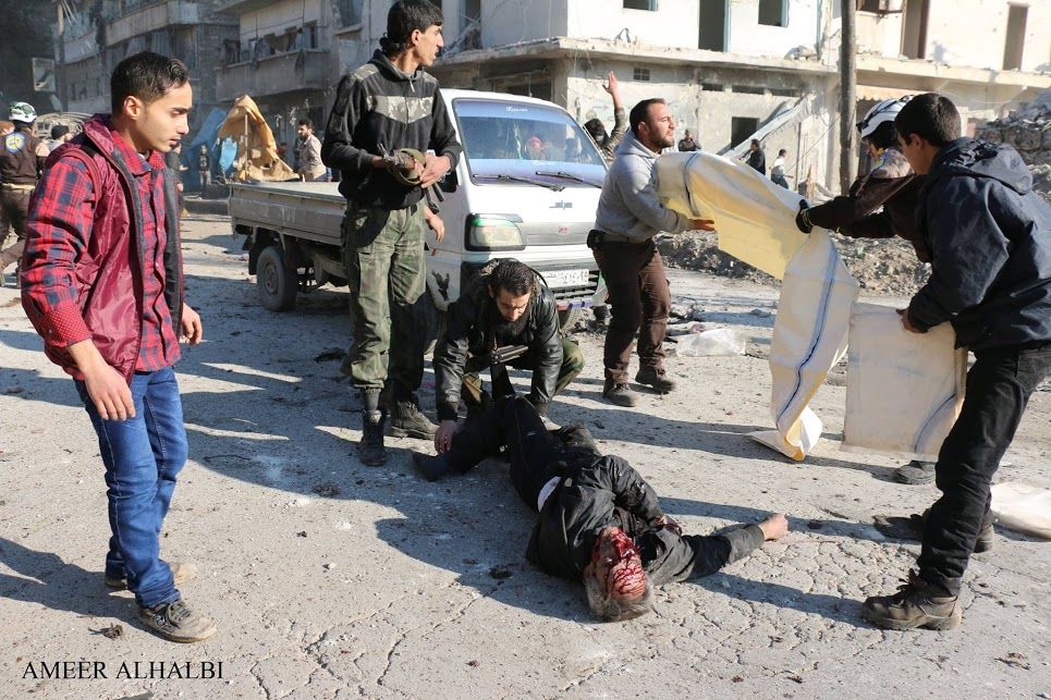 The body of a man in a street in Salheen following alleged Russian airstrikes, feb 8th (via SN4HR)