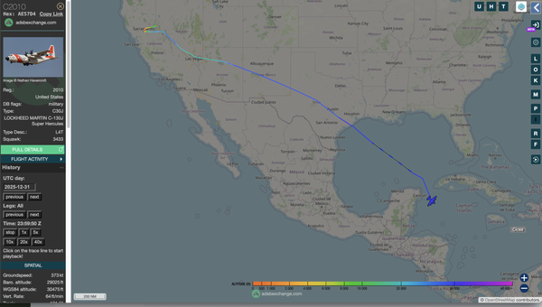 ADSB Exchange flight track showing the US Coast Guard HC-130J's route from Sacramento, California to Costa Rica on December 31st, 2025. The aircraft is shown over the Gulf of Mexico at the end of December 31st, still in transit and not yet in position to begin search operations.