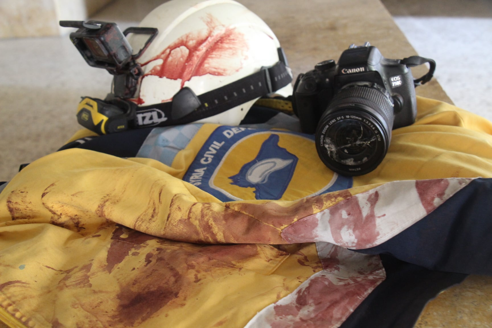 The camera belonging to Hammam Al-Asi, a civil defense journalist in the Zabur center, who died from his injuries following a double strike on Sarja while Civil Defense teams were rescuing the wounded. (Image posted by Syrian Civil Defense)