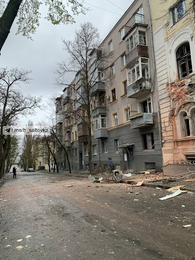 Damage caused by alleged Russian shelling of Kharkiv on April 17, 2022. (Image posted by XC_Kharkiv via Telegram)