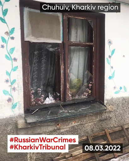 Damage caused by alleged Russian shelling of Chuguev on March 8, 2022. (Image posted by Nurnberg2022 News)