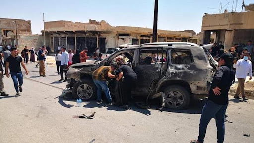 Image of a car destroyed in the initial strikes by Turkish forces that killed three Sinjar Protection Forces personnel and injured two others. (Image posted by Shafaq News)
