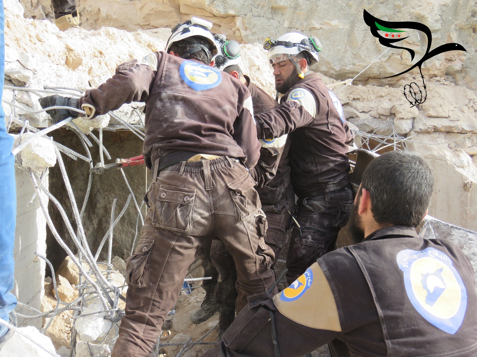 The White Helmets attempt to search for the missing following an airstrike on Abidien hospital, Abidien, 22nd April 2017. (via SHCR)