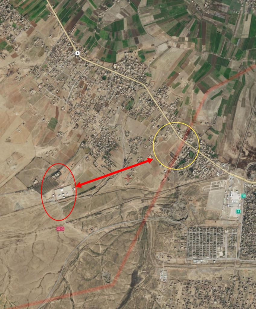 According to @SAMSyria0, "one of the American raids targeted a site (the yellow circle) near the site that was targeted in previous raids (the red circle), and the two sites are located on the Syrian-Iraqi border near the crossing Qaim."