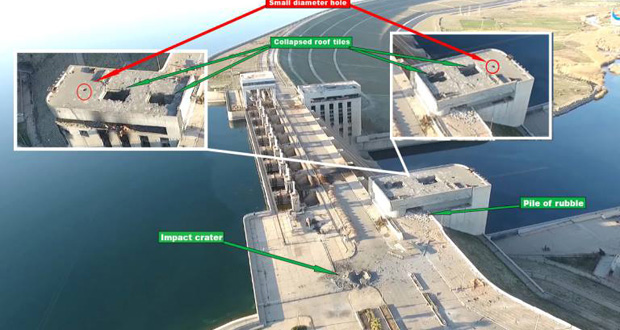 Diagram showing locations of damage to the Euphrates Dam following an alleged Coalition raid, March 27th 2017. (via Hashtag Syria)