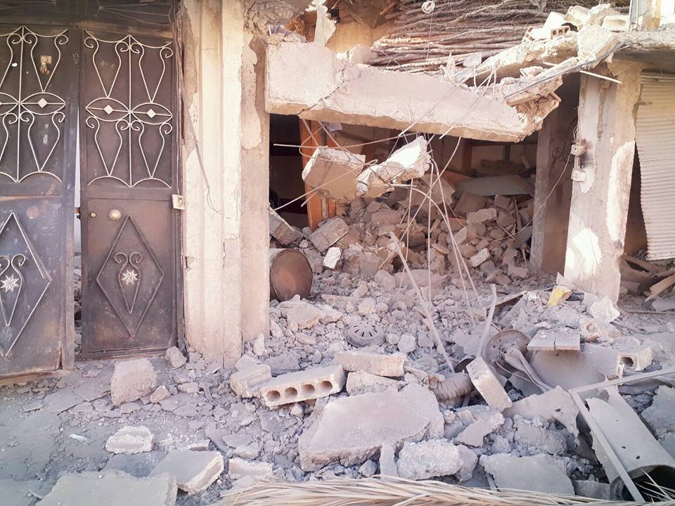 The aftermath of alleged Coalition shelling of the Qantar family home near the the Imam al-Nawawi Mosque, Raqqa, August 12th (via RBSS)