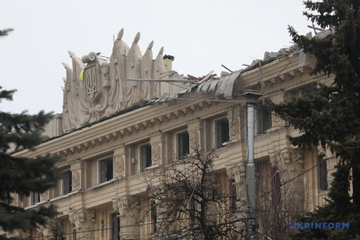 Aftermath of alleged Russian shelling of Kharkiv administration building on March 1, 2022. (Image Ukrinform
