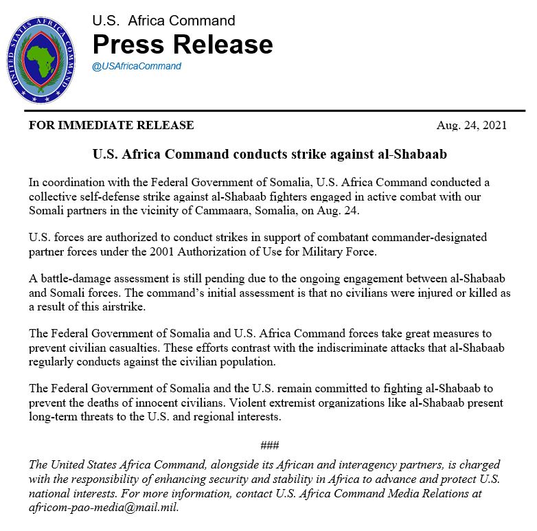 AFRTICOM statement on its August 24th 2021 airstrike at Amara, Somalia