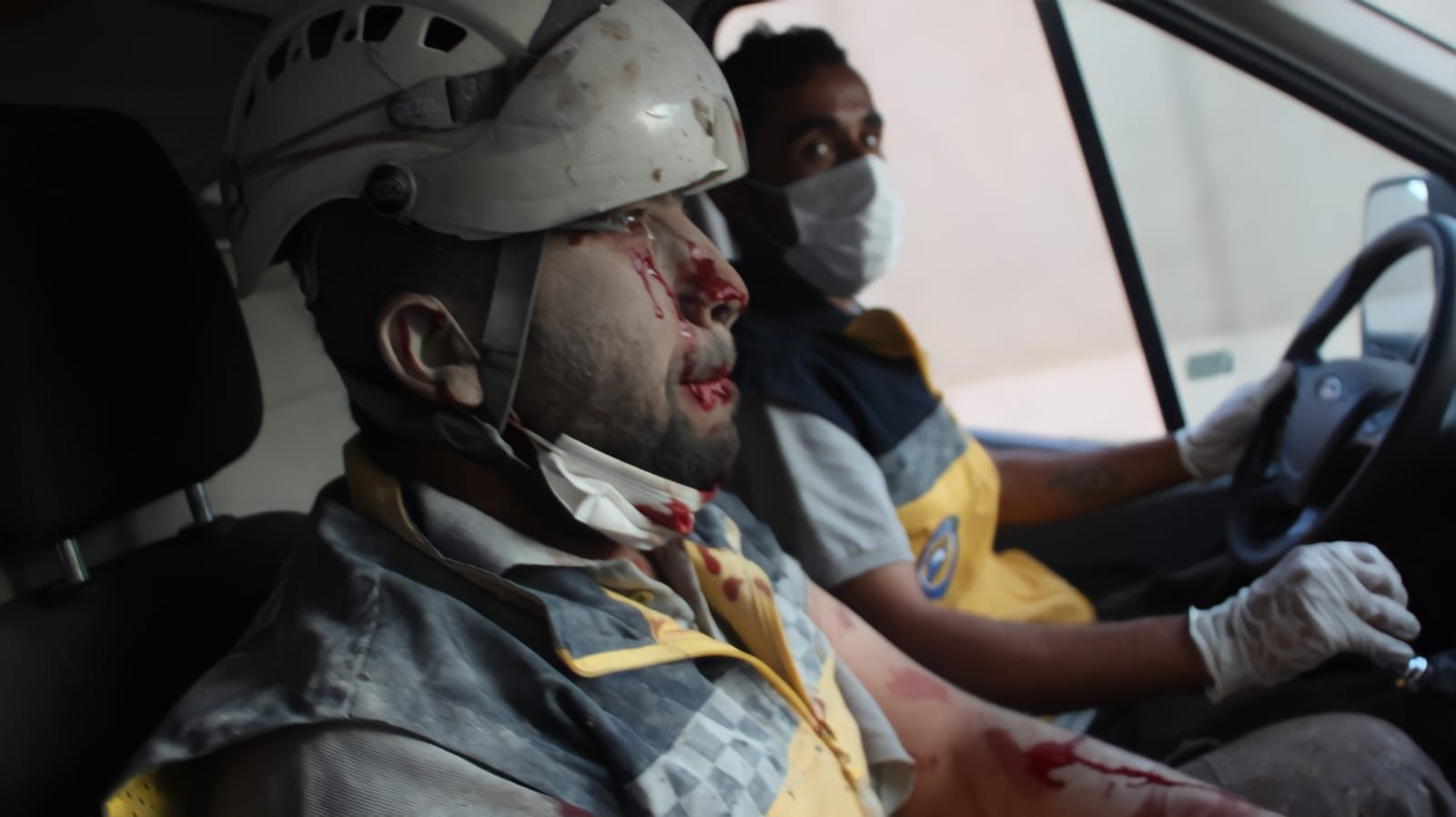 A injured member of the Syrian Civil Defense being taken to a medical facility in an ambulance following the airstrikes on Afrin on June 12, 2021. (Image posted by Syrian Civil Defense)