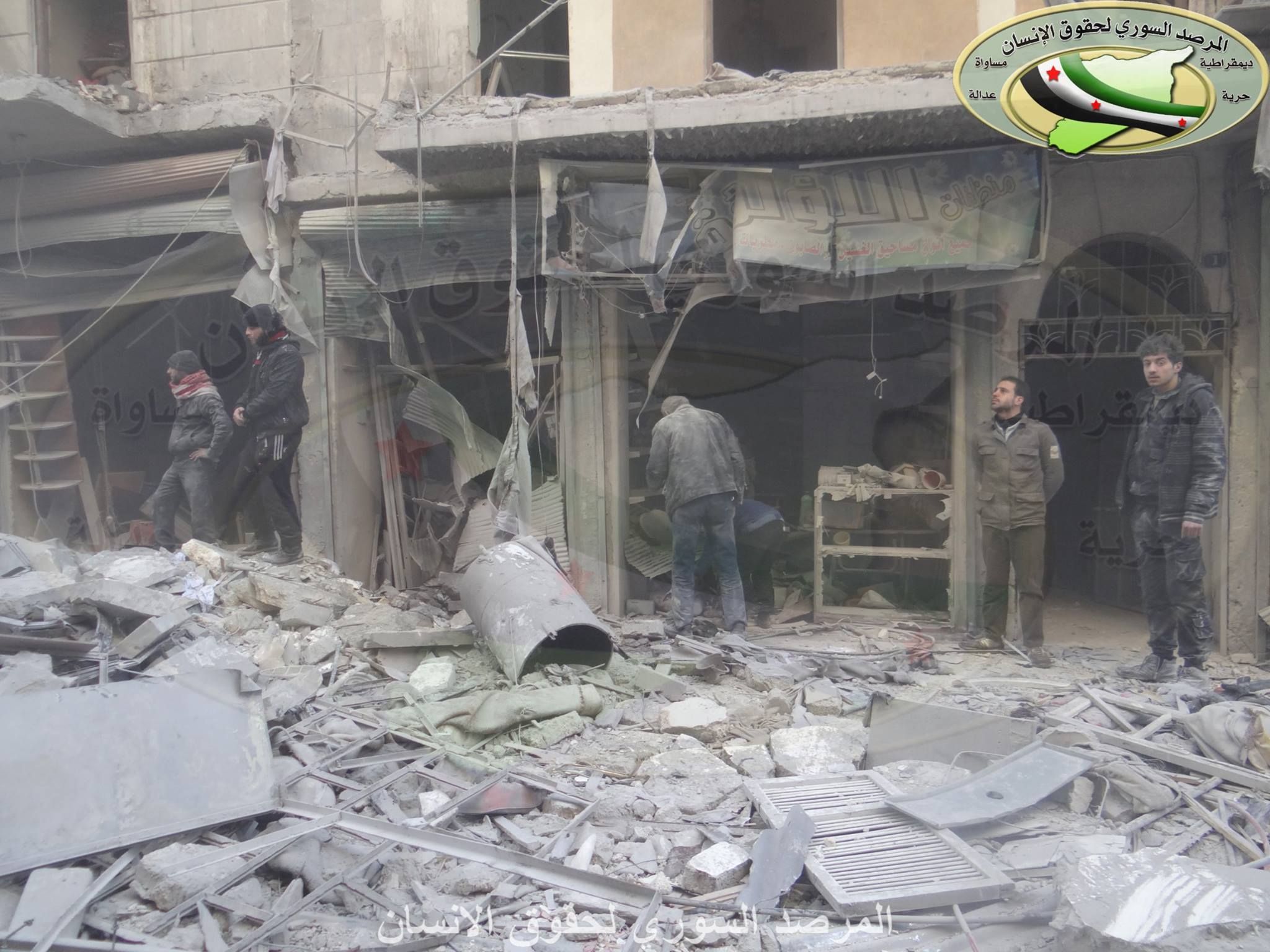 The aftermath of an alleged Russian raid on Al Shi'aar or Al Mashad, Aleppo, Feb 4th (via SO4HR)