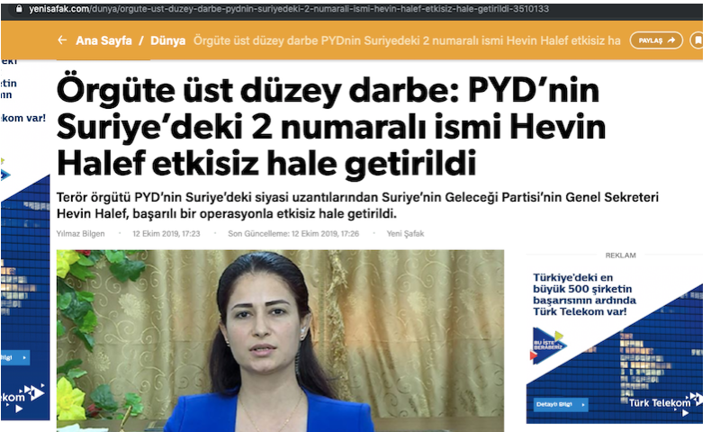 Hevrin Khalaf, 35, the General Secretary of Syria Future Party, reportedly "execuedt" by Tirkish-backed mercenaries on Oct 12th (via 35, the General Secretary of Syria Future Party)