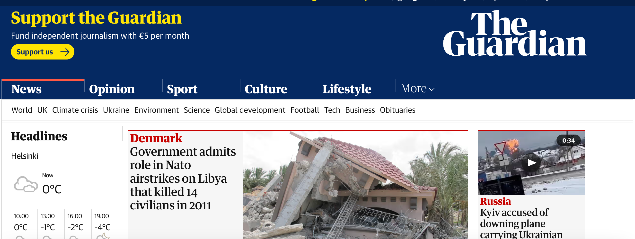 A screenshot of The Guardian front page in which the Libya investigation was the lead story