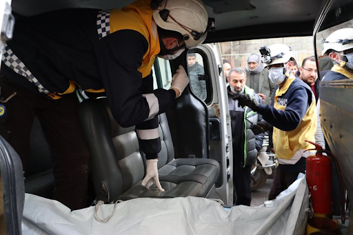 Syrian Civil Defense supported the victims and attended the incident after at least one missile hit Al-Bab causing up to ten civilian deaths (Image via SCD / Facebook)