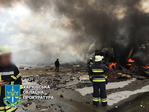 Damage to an enterprise caused by alleged Russian shelling of Korotych on April 22, 2022. (Image posted by Kharkiv Regional Prosecutor's Office)