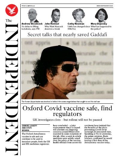 The Independent front page on March 19, 2021 featuring an Airwars investigation