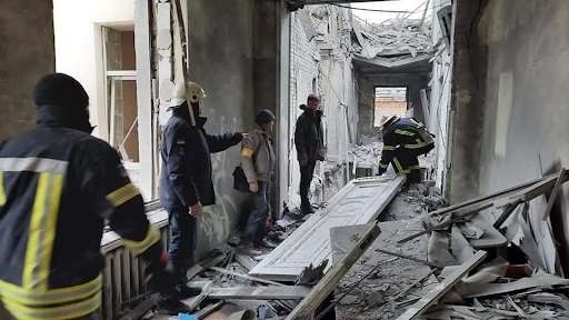 Damage caused by the attack on the Kharkiv Regional State Administration on March 1, 2022. (Image posted by Elena Fomenko via Facebook)
