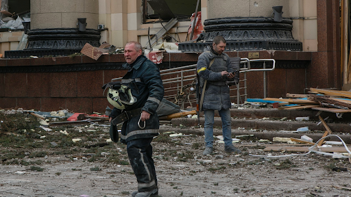 Damage caused by the attack on the Kharkiv Regional State Administration on March 1, 2022. (Image posted by Suspilne Kharkiv via Telegram)
