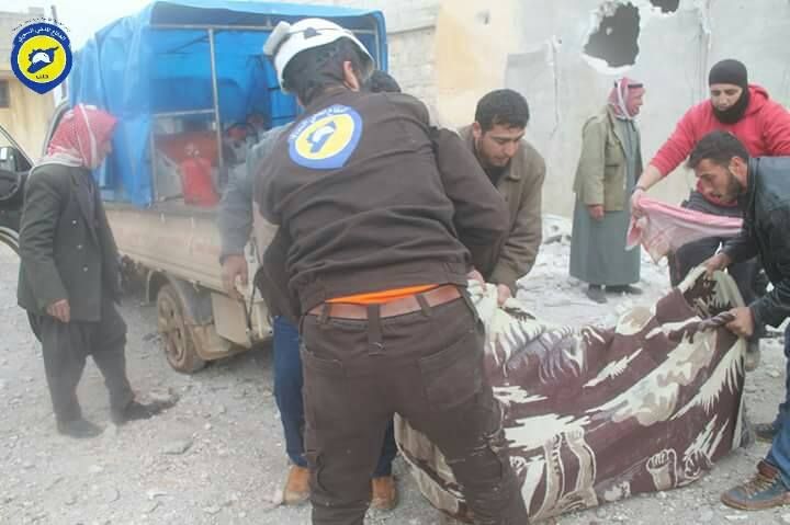 Members of the White Helmets rescue victims of an airstrike by "warplanes" on Ma'arasta Al Khan, Jan 12th (via White Helmets)