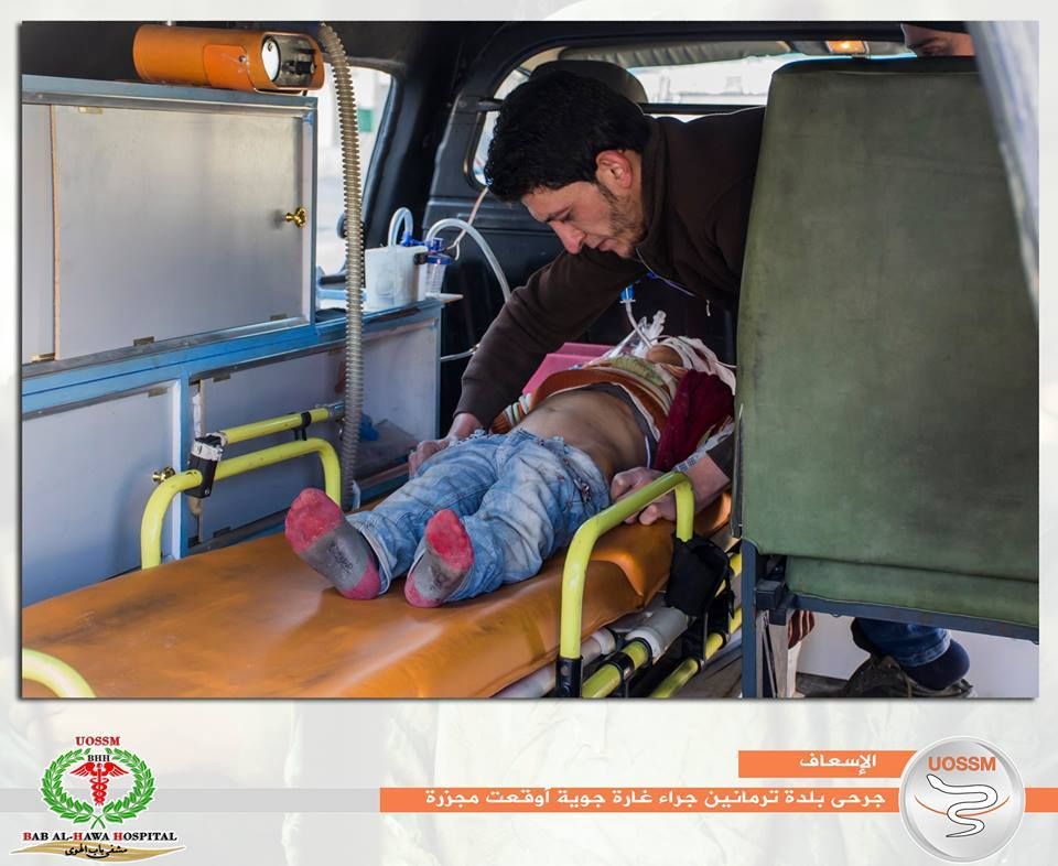 A wounded child is placed in an ambulance after an alleged Russian airstrike on Termanin, Jan 25th (via SNN)