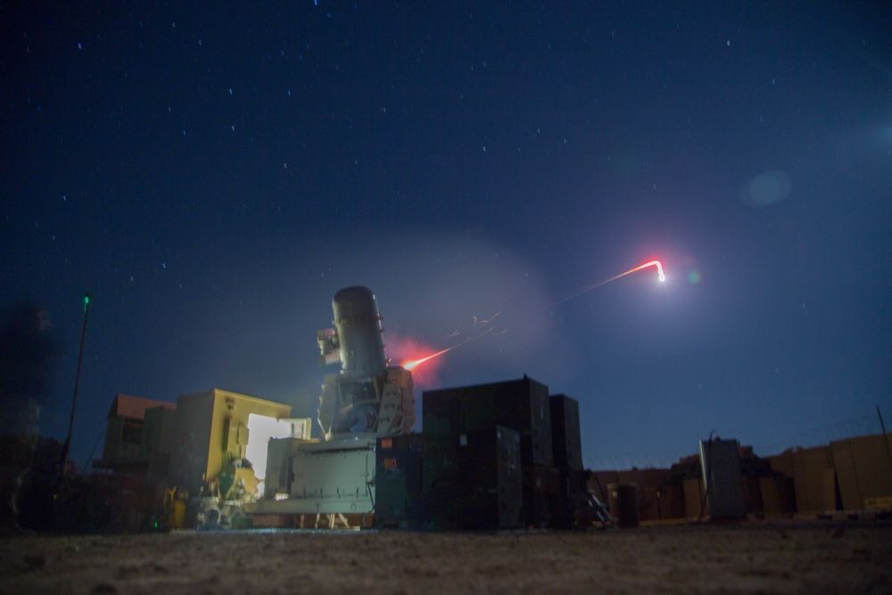 A land–based Phalanx weapons system assigned to B Battery, 5th Battalion, 5th Air Defense Artillery Regiment conducts a test fire mission to maintain mission readiness at Camp Manion, Iraq, Jan. 6, 2017 (US Army)