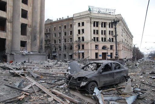 Damage caused by the attack on the Kharkiv Regional State Administration on March 1, 2022. (Image posted by Elena Fomenko via Facebook)