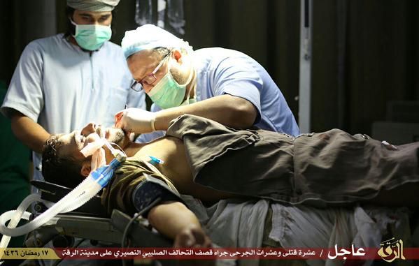 Doctors operate on a civilian reportedly injured in a US air raid on Raqaa July 4th (via Raqaa is Being Slaughtered Silently)