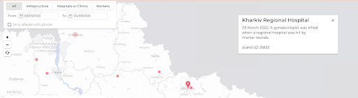 Kharkiv Regional Hospital 03 March 2022: A gynaecologist was killed when a regional hospital was hit by mortar rounds. Event ID: 31833