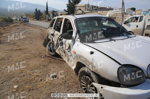 Remnants of the car destroyed by the drone attack on the Ariha Al-Mastouma road on December 3, 2021. (Image posted by Macro Media Center)