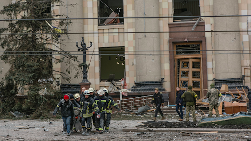 Damage caused by the attack on the Kharkiv Regional State Administration on March 1, 2022. (Image posted by Suspilne Kharkiv via Telegram)