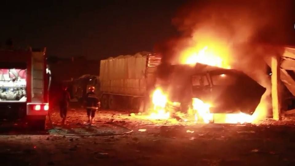 Burning supply trucks following a Feb 26 strike which also killed five civilians (via NRN News)