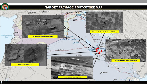 A US military PowerPoint slide released to reporters shows the five targets of the airstrikes on March 13th, 2020 (via Vox.com)