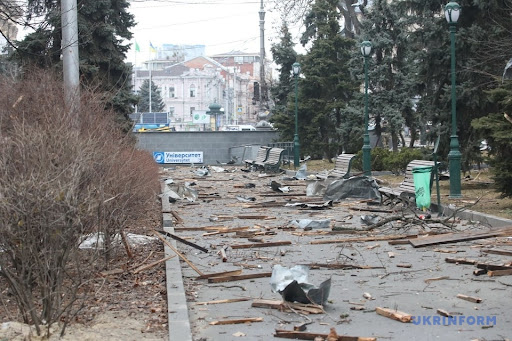 Aftermath of alleged Russian shelling of Kharkiv administration building on March 1, 2022. (Image Ukrinform