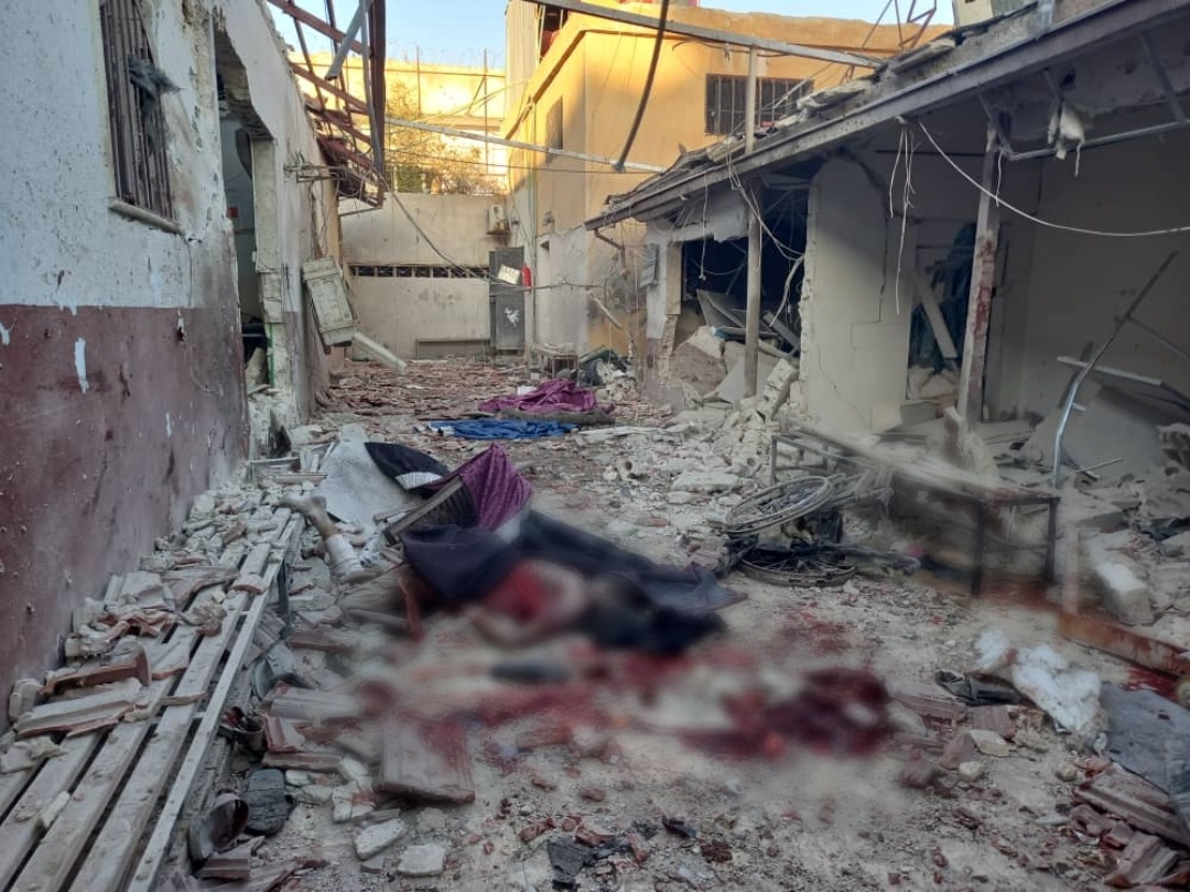Image of the destruction to the hospital and blood from the victims of the bombing on Afrin on June 12, 2021. (Image posted by Syrian Civil Defense)