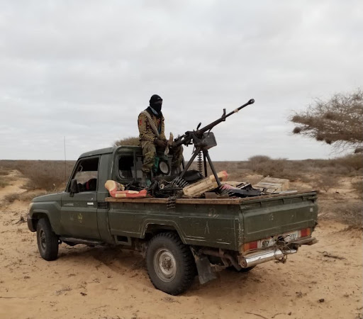"Al-Shabaab displays battle wagons and trucks it claims seized from Govt forces in Amaara. " (Image posted by Harun Maruf via Twitter)