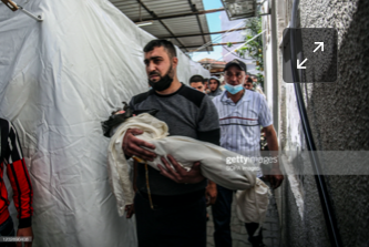 Body of the child identified as Ibrahim Al-Rantissi who was killed in strikes on Al Jeniya neighborhood on May 13, 2021. (Image posted by Getty)