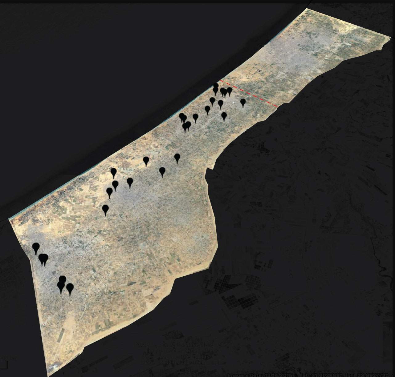 Map of civilian harm allegations, south of Wadi Gaza, between 14-21 October 2023. The red dotted line refers to the Wadi Gaza. Many locations include more than one alleged civilian harm incident. Sanjana Varghese / Airwars. Images via Maxar Technologies / Airbus / Google Earth.