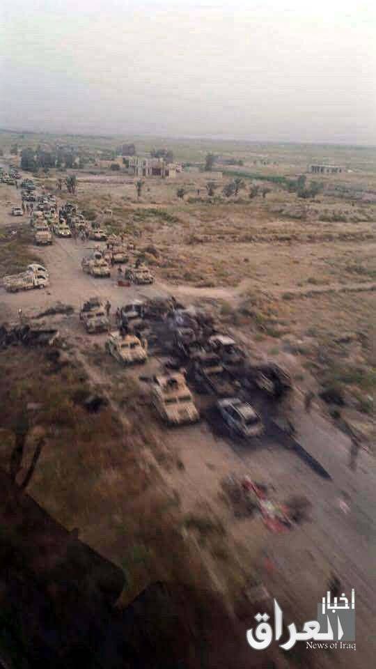 A video shows the targeted convoy which allegedly consisted of ISIS fighters in Amiriyah Fallujah. On the other hand, various sources claimed that there were ISIS families and civilians in the convoy (via National Iraqi News Agency)