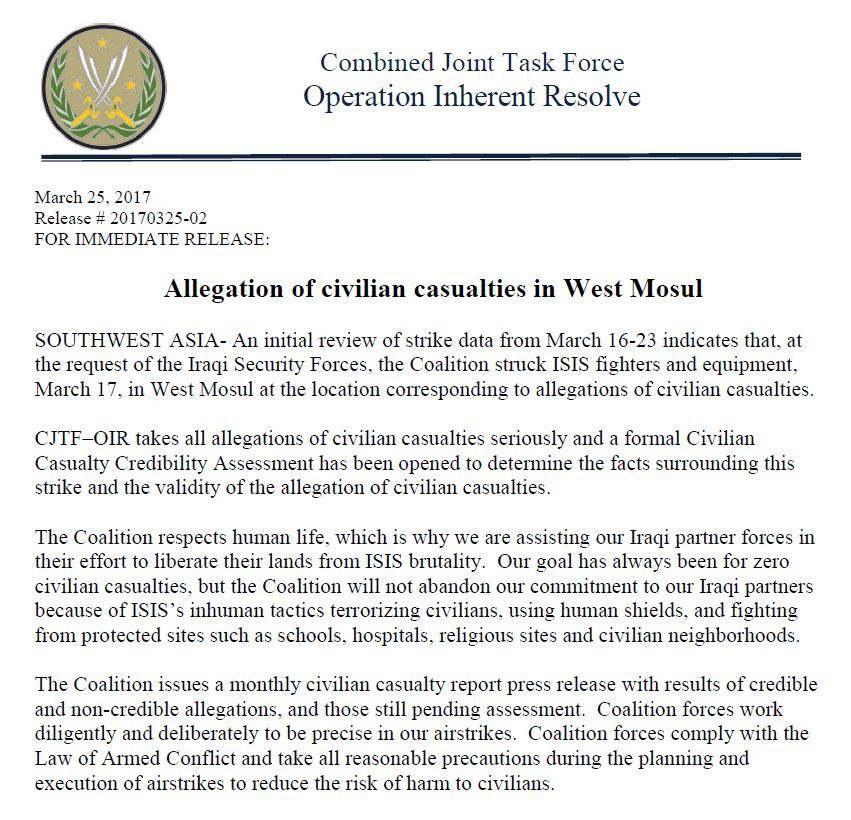 The Coalition confirms its aircraft conducted a March 17th Mosul strike "in the vicinity of alleged civilian casualties"