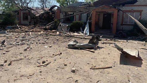 Damage to civilian housing following alleged Russian artillery shelling in Kalynove village on May 8th 2022. Source: Suspilne News