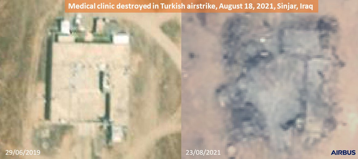 Before and after photos of the Mt. Shengal clinic that was allegedly bombed by Turkish forces on August 17, 2021.